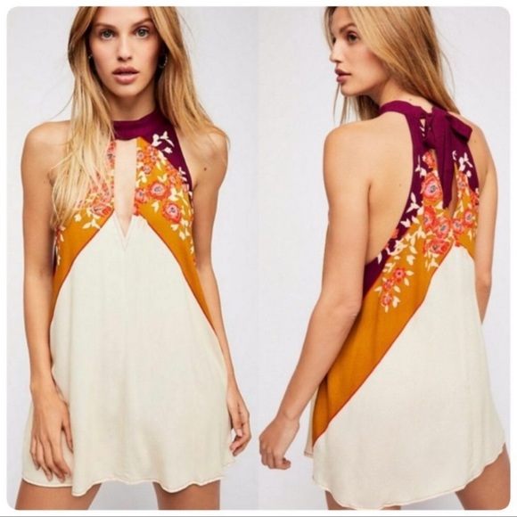 Free People Tops - NWT Free People Beat of my hearts Halter tunic XS purple floral color blocking